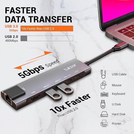 Tukzer 6-in-1 Type-C Hub to HDMI 4K@30Hz, 2 USB 3.0 Data, USB-C 3.0 Data, 100W PD with 1000M Ethernet RJ45, MultiPort Adapter Compatible with MacBook Pro Air iPad, Dell, Other Type-C Device Tukzer 6-in-1 Type-C Hub to HDMI 4K@30Hz, 2 USB 3.0 Data, USB-C 3.0 Data, 100W PD with 1000M Ethernet RJ45, MultiPort Adapter Compatible with MacBook Pro Air iPad, Dell, Other Type-C Device