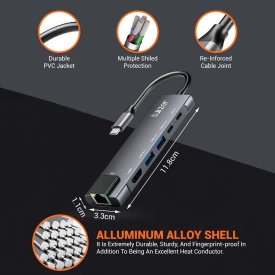 Tukzer 6-in-1 Type-C Hub to HDMI 4K@30Hz, 2 USB 3.0 Data, USB-C 3.0 Data, 100W PD with 1000M Ethernet RJ45, MultiPort Adapter Compatible with MacBook Pro Air iPad, Dell, Other Type-C Device Tukzer 6-in-1 Type-C Hub to HDMI 4K@30Hz, 2 USB 3.0 Data, USB-C 3.0 Data, 100W PD with 1000M Ethernet RJ45, MultiPort Adapter Compatible with MacBook Pro Air iPad, Dell, Other Type-C Device