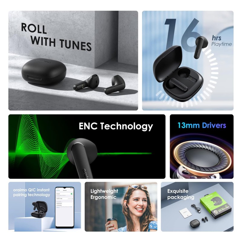 (Refurbished) Oraimo Roll Truly Wireless Earbuds Half in Ear Bluetooth Earbuds with ENC,Deep Bass, 16Hrs Playtime, 13Mm Dynamic Driver, Immersive Audio, Touch Control, Voice Assistance & Fast Charging (Refurbished) Oraimo Roll Truly Wireless Earbuds Half in Ear Bluetooth Earbuds with ENC,Deep Bass, 16Hrs Playtime, 13Mm Dynamic Driver, Immersive Audio, Touch Control, Voice Assistance & Fast Charging