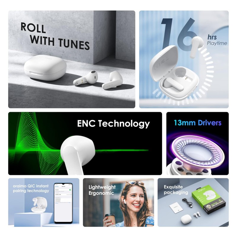 (Refurbished) Oraimo Roll Truly Wireless Earbuds Half in Ear Bluetooth Earbuds with ENC,Deep Bass, 16Hrs Playtime, 13Mm Dynamic Driver, Immersive Audio, Touch Control, Voice Assistance & Fast Charging (Refurbished) Oraimo Roll Truly Wireless Earbuds Half in Ear Bluetooth Earbuds with ENC,Deep Bass, 16Hrs Playtime, 13Mm Dynamic Driver, Immersive Audio, Touch Control, Voice Assistance & Fast Charging