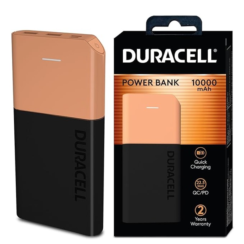 Duracell Power Bank 10000 mAh, Portable Charger, USB C/Micro USB Input, USB A/USB C Output, Fast Charge Technology, 22.5W Power Delivery for Smartphones, Tablets, Headphones and USB-Powered Devices