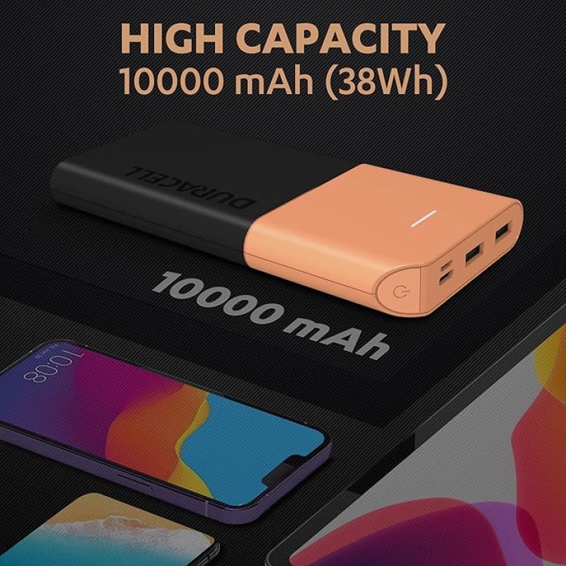 Duracell Power Bank 10000 mAh, Portable Charger, USB C/Micro USB Input, USB A/USB C Output, Fast Charge Technology, 22.5W Power Delivery for Smartphones, Tablets, Headphones and USB-Powered Devices