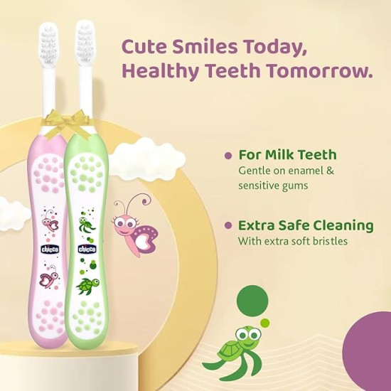 Chicco Baby Manual Toothbrush For Infants (6M-36M), Set Of 2|Extra Soft Tapered Bristles Ideal For Milk Teeth|Bpa Free (Blue, Green)