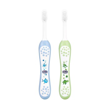 Chicco Baby Manual Toothbrush For Infants (6M-36M), Set Of 2|Extra Soft Tapered Bristles Ideal For Milk Teeth|Bpa Free (Blue, Green)
