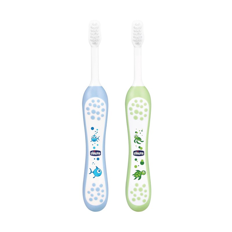 Chicco Baby Manual Toothbrush For Infants (6M-36M), Set Of 2|Extra Soft Tapered Bristles Ideal For Milk Teeth|Bpa Free (Blue, Green)