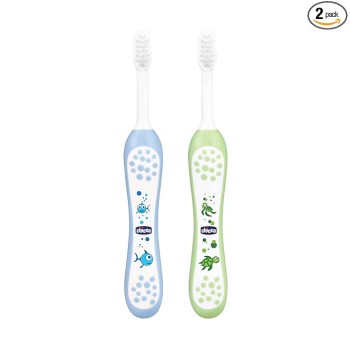 Chicco Baby Manual Toothbrush For Infants (6M-36M), Set Of 2|Extra Soft Tapered Bristles Ideal For Milk Teeth|Bpa Free (Blue, Green)