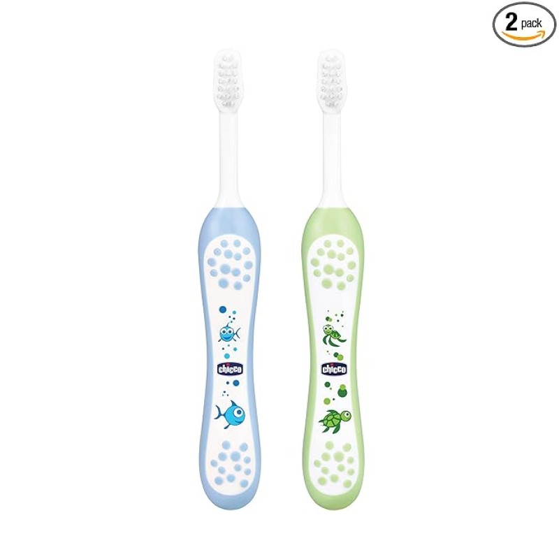 Chicco Baby Manual Toothbrush For Infants (6M-36M), Set Of 2|Extra Soft Tapered Bristles Ideal For Milk Teeth|Bpa Free (Blue, Green)