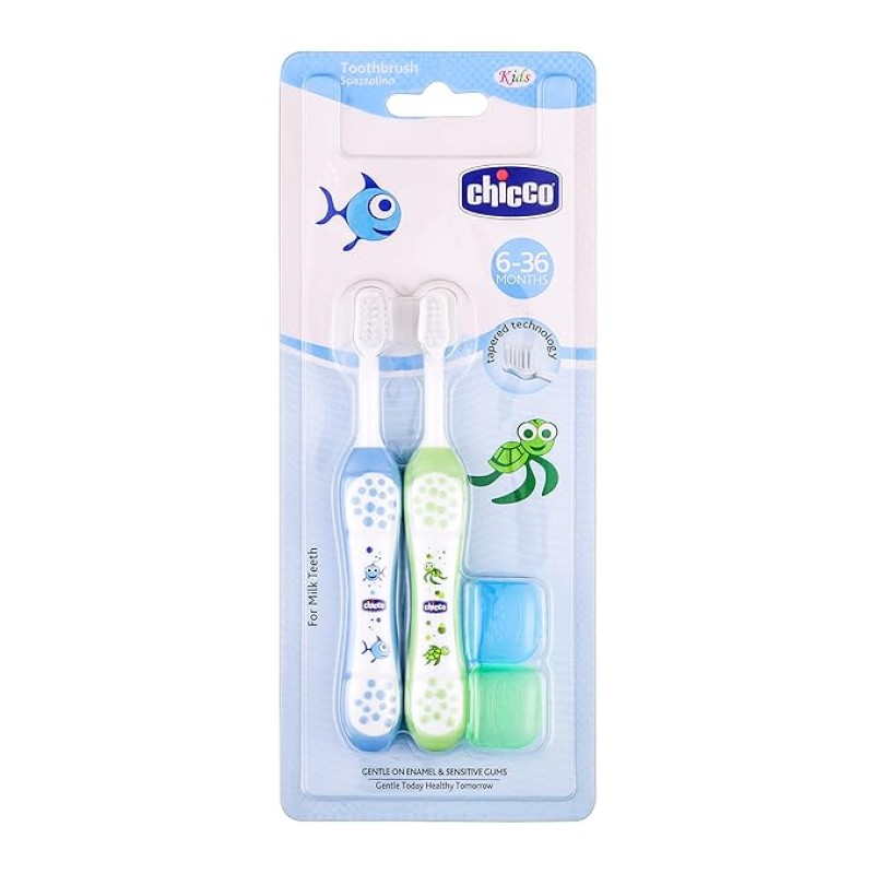 Chicco Baby Manual Toothbrush For Infants (6M-36M), Set Of 2|Extra Soft Tapered Bristles Ideal For Milk Teeth|Bpa Free (Blue, Green)