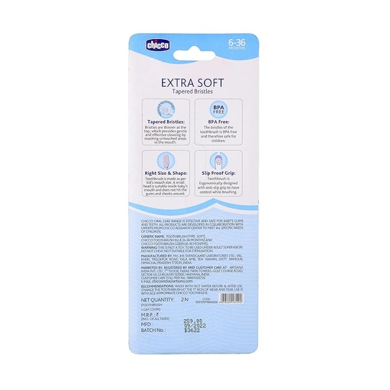 Chicco Baby Manual Toothbrush For Infants (6M-36M), Set Of 2|Extra Soft Tapered Bristles Ideal For Milk Teeth|Bpa Free (Blue, Green)