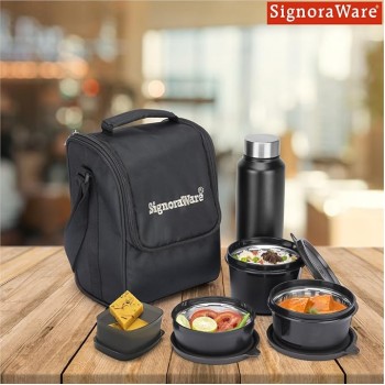 SIGNORA WARE Monarch Premium Microwave Safe Lunch Box (3 Stainless Steel Containers + Pickle Box + Steel Bottle + Insulated Bag, 500Ml+350Ml+200Ml+100Ml +700Ml Bottle,Set of 5,Black Office Series) SIGNORA WARE Monarch Premium Microwave Safe Lunch Box (3 Stainless Steel Containers + Pickle Box + Steel Bottle + Insulated Bag, 500Ml+350Ml+200Ml+100Ml +700Ml Bottle,Set of 5,Black Office Series)