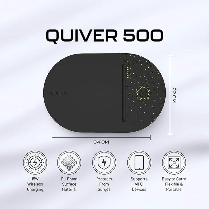 Archer Tech Lab Quiver 500 Gaming Mousepad, 15W Wireless Charging, All Qi Device Compatible, Surge Protection, High Speed+ Low Friction Pu Foam Surface, Plug & Play, Compact, Portable Archer Tech Lab Quiver 500 Gaming Mousepad, 15W Wireless Charging, All Qi Device Compatible, Surge Protection, High Speed+ Low Friction Pu Foam Surface, Plug & Play, Compact, Portable