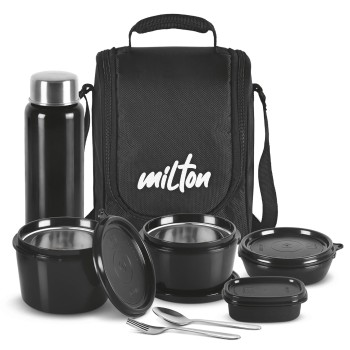 Milton Pro Lunch Tiffin (3 Microwave Safe Inner Steel Containers, 180/320/450 ml; 1 Plastic Chutney Dabba,100 ml; 1 Aqua Steel Bottle, 750 ml, Steel Spoon and Fork) With Insulated Fabric Jacket, Black Milton Pro Lunch Tiffin (3 Microwave Safe Inner Steel Containers, 180/320/450 ml; 1 Plastic Chutney Dabba,100 ml; 1 Aqua Steel Bottle, 750 ml, Steel Spoon and Fork) With Insulated Fabric Jacket, Black