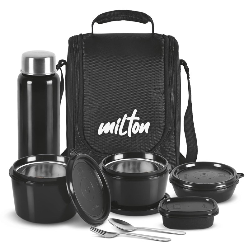 Milton Pro Lunch Tiffin (3 Microwave Safe Inner Steel Containers, 180/320/450 ml; 1 Plastic Chutney Dabba,100 ml; 1 Aqua Steel Bottle, 750 ml, Steel Spoon and Fork) With Insulated Fabric Jacket, Black Milton Pro Lunch Tiffin (3 Microwave Safe Inner Steel Containers, 180/320/450 ml; 1 Plastic Chutney Dabba,100 ml; 1 Aqua Steel Bottle, 750 ml, Steel Spoon and Fork) With Insulated Fabric Jacket, Black