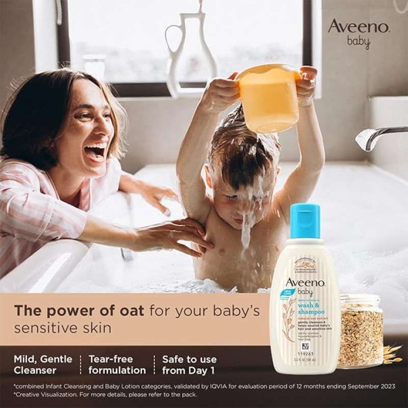 Aveeno Baby Daily Moisture Wash and Shampoo (100ml) | Cleanses hair & body | Oat kernel extract & glycerin | Tear-free, soap-free, paraben-free, hypoallergenic | US #1 Pediatrician recommended Aveeno Baby Daily Moisture Wash and Shampoo (100ml) | Cleanses hair & body | Oat kernel extract & glycerin | Tear-free, soap-free, paraben-free, hypoallergenic | US #1 Pediatrician recommended