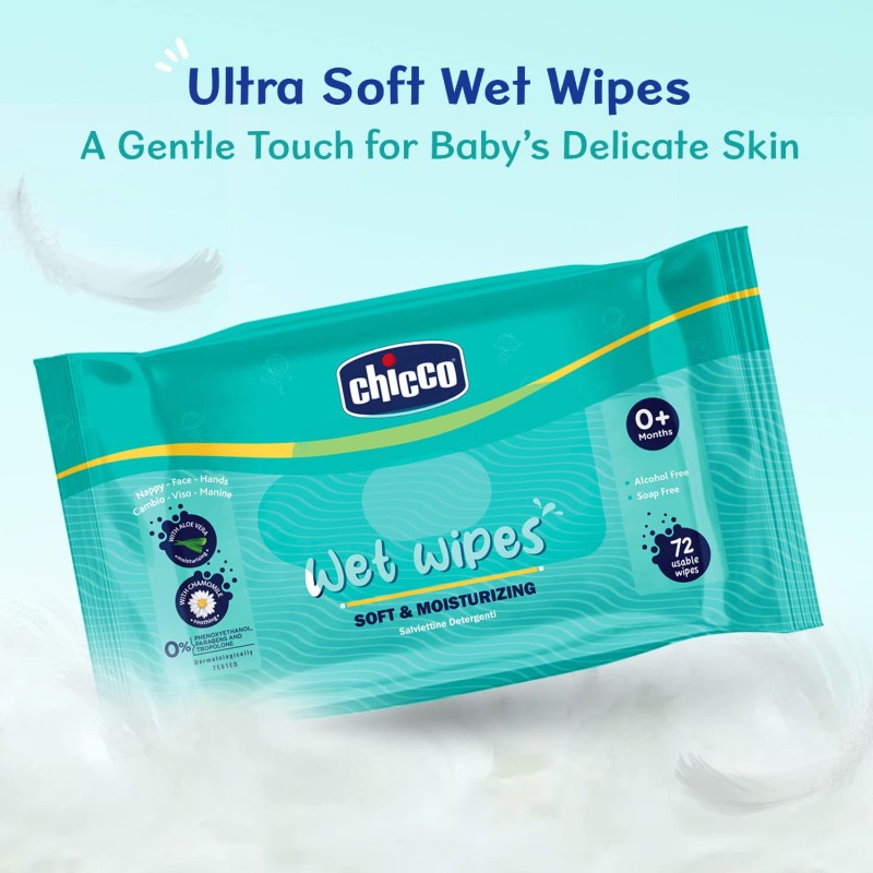Chicco Soft and Moisturising Baby Wet Wipes, 72 Pieces Each (Pack of 2) Resealable Sticker Pack | Baby Wipes for Nappy, Face and Hands | Dermatologically Tested | No Phenoxyethanol, Paraben & Alcohol