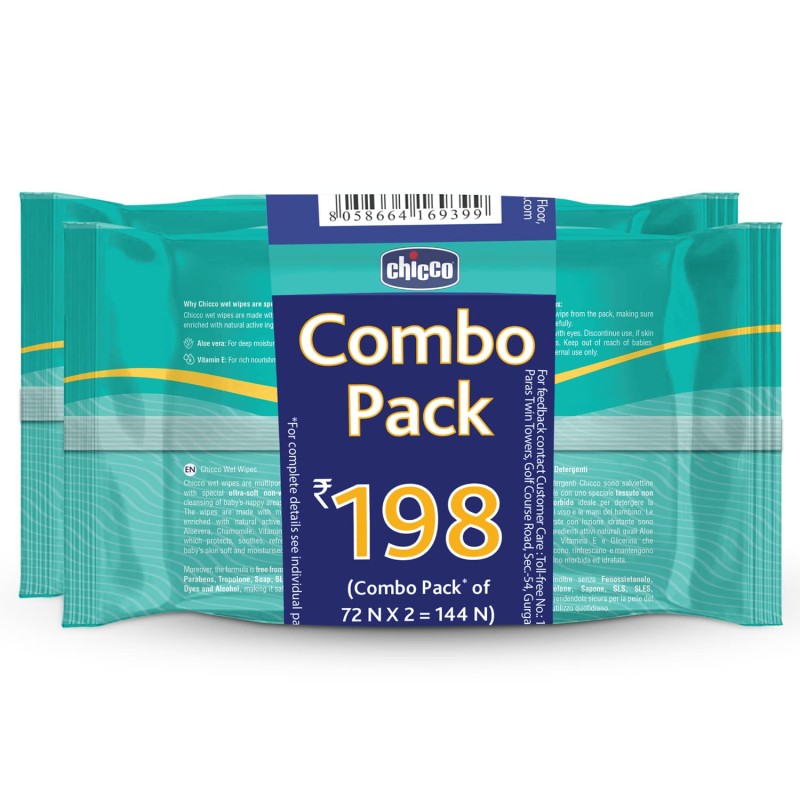 Chicco Soft and Moisturising Baby Wet Wipes, 72 Pieces Each (Pack of 2) Resealable Sticker Pack | Baby Wipes for Nappy, Face and Hands | Dermatologically Tested | No Phenoxyethanol, Paraben & Alcohol