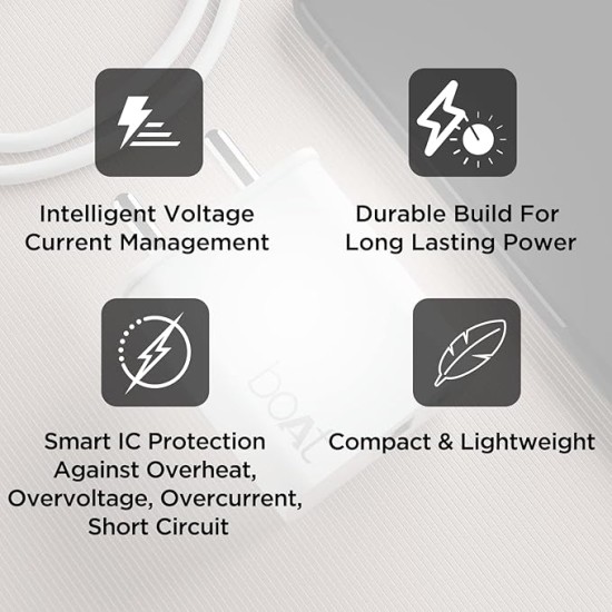boAt WCDV 22.5W Dual Port Charger with 22.5W Power Delivery Support & 18W Quick Charge 3.0, Smart IC Protection, Auto Detection for Samsung, Xiaomi & Android Users with Type A to Type C Cable(White)