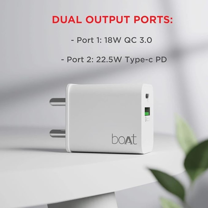 boAt WCDV 22.5W Dual Port Charger with 22.5W Power Delivery Support & 18W Quick Charge 3.0, Smart IC Protection, Auto Detection for Samsung, Xiaomi & Android Users with Type A to Type C Cable(White)