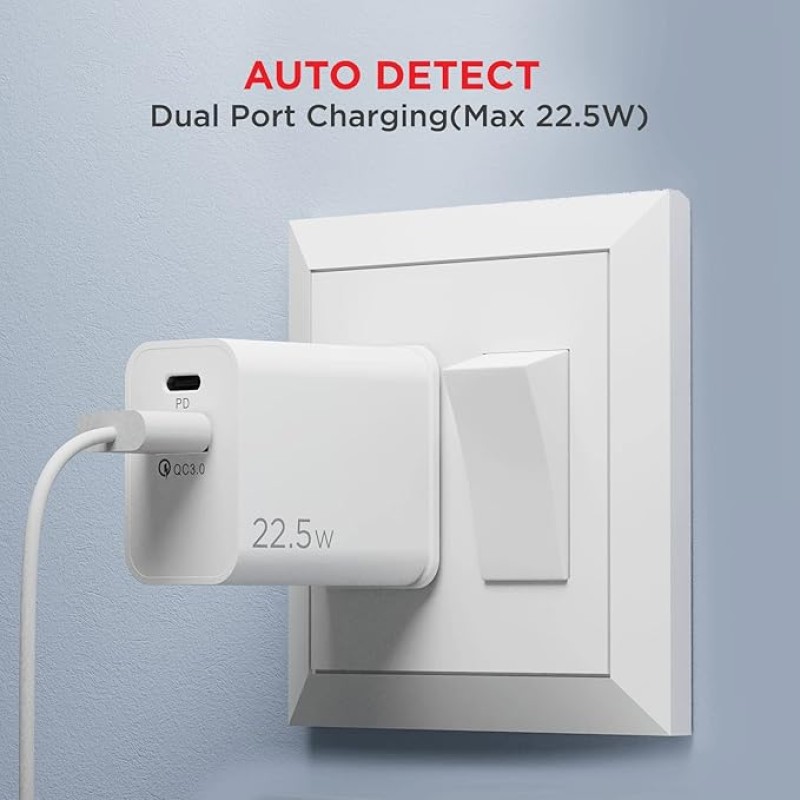 boAt WCDV 22.5W Dual Port Charger with 22.5W Power Delivery Support & 18W Quick Charge 3.0, Smart IC Protection, Auto Detection for Samsung, Xiaomi & Android Users with Type A to Type C Cable(White)