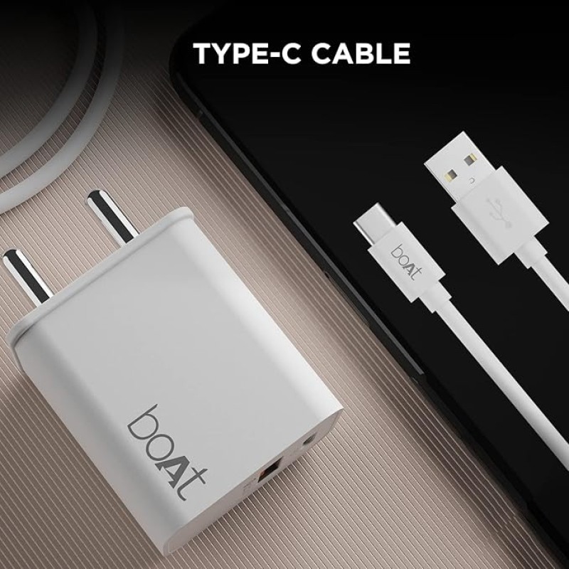 boAt WCDV 22.5W Dual Port Charger with 22.5W Power Delivery Support & 18W Quick Charge 3.0, Smart IC Protection, Auto Detection for Samsung, Xiaomi & Android Users with Type A to Type C Cable(White)