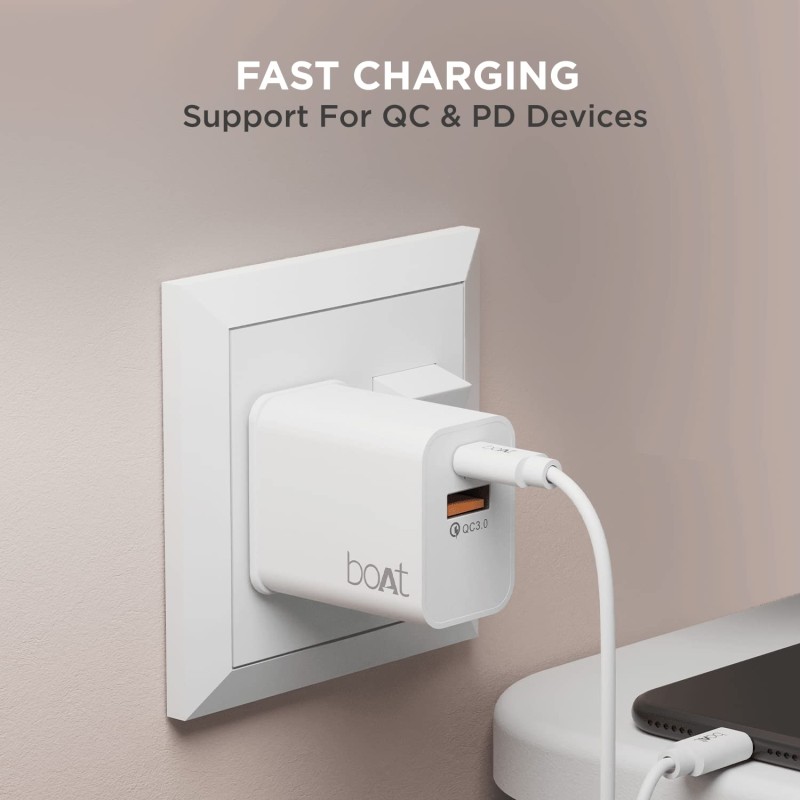 (Refurbished) boAt WCDV 22.5W Dual Port Fast Charger, Overheat/Overcharge Protection, Auto Detection for Samsung, Xiaomi & Android Users with Type C to Type C Cable (White)