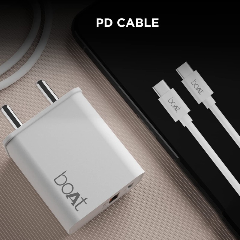 (Refurbished) boAt WCDV 22.5W Dual Port Fast Charger, Overheat/Overcharge Protection, Auto Detection for Samsung, Xiaomi & Android Users with Type C to Type C Cable (White)
