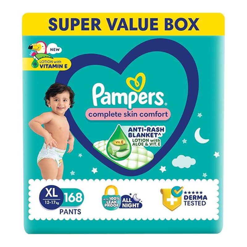 Pampers All Round Protection Pants Style Baby Diapers, Extra Large size (XL), 168 Count, 12-17kg, Anti-rash blanket, 360 degree Lotion with Aloe Vera