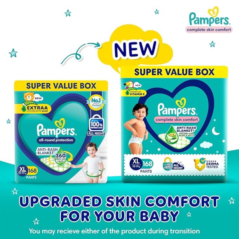 Pampers All Round Protection Pants Style Baby Diapers, Extra Large size (XL), 168 Count, 12-17kg, Anti-rash blanket, 360 degree Lotion with Aloe Vera