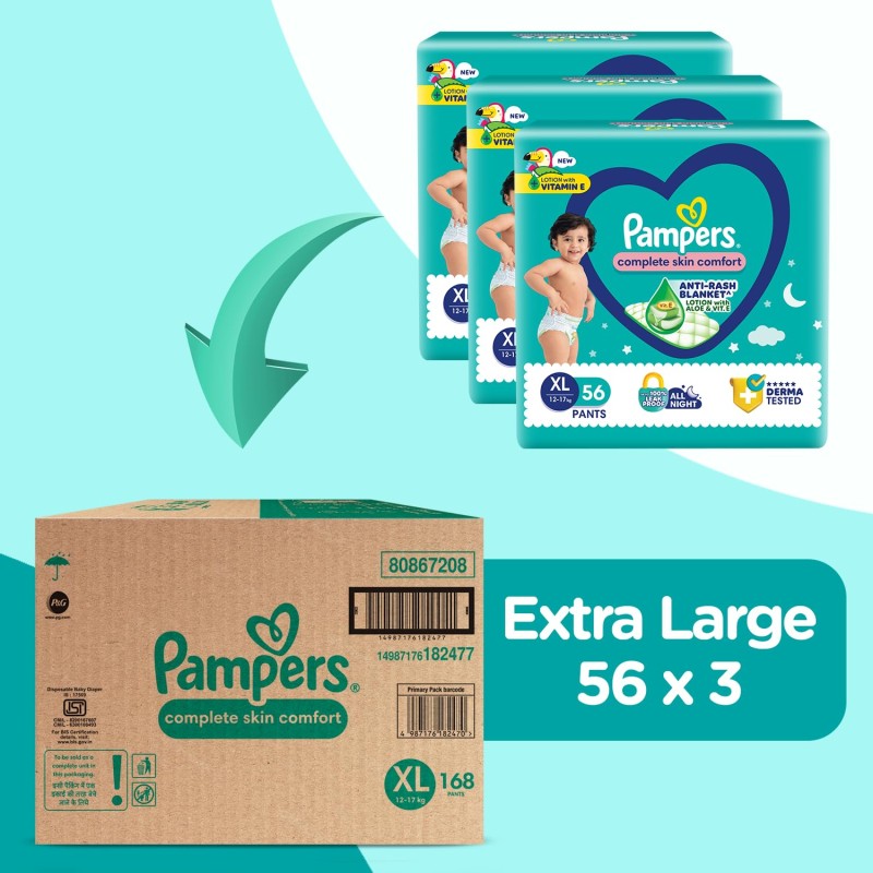 Pampers All Round Protection Pants Style Baby Diapers, Extra Large size (XL), 168 Count, 12-17kg, Anti-rash blanket, 360 degree Lotion with Aloe Vera
