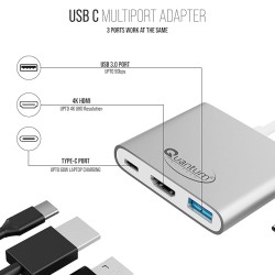 Quantum 3-in-1 USB Type C to Hdmi 4K Adapter, USB 3.0, USB C, Aluminium USB C Hub, High Speed Upto 5Gbps, 60W Power Pass Through for Laptop, Mac, Tablet & Other Type C Devices, Qhm7622 (Silver) Port
