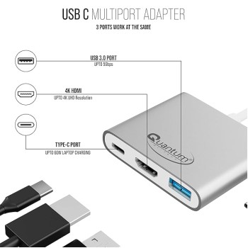 Quantum 3-in-1 USB Type C to Hdmi 4K Adapter, USB 3.0, USB C, Aluminium USB C Hub, High Speed Upto 5Gbps, 60W Power Pass Through for Laptop, Mac, Tablet & Other Type C Devices, Qhm7622 (Silver) Port Quantum 3-in-1 USB Type C to Hdmi 4K Adapter, USB 3.0, USB C, Aluminium USB C Hub, High Speed Upto 5Gbps, 60W Power Pass Through for Laptop, Mac, Tablet & Other Type C Devices, Qhm7622 (Silver) Port