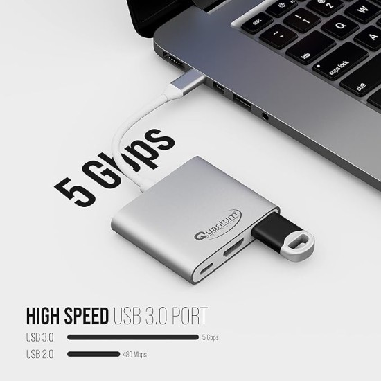 Quantum 3-in-1 USB Type C to Hdmi 4K Adapter, USB 3.0, USB C, Aluminium USB C Hub, High Speed Upto 5Gbps, 60W Power Pass Through for Laptop, Mac, Tablet & Other Type C Devices, Qhm7622 (Silver) Port Quantum 3-in-1 USB Type C to Hdmi 4K Adapter, USB 3.0, USB C, Aluminium USB C Hub, High Speed Upto 5Gbps, 60W Power Pass Through for Laptop, Mac, Tablet & Other Type C Devices, Qhm7622 (Silver) Port