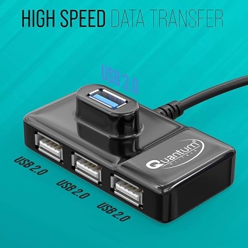 Quantum 4 Port USB Hub (1 Port 3.0 & 3 Port 2.0) with High Speed Data Transfer, Plug Play Usage, Compatible with Laptop, PC and Other USB-A Devices, QHM7532 (Black) Quantum 4 Port USB Hub (1 Port 3.0 & 3 Port 2.0) with High Speed Data Transfer, Plug Play Usage, Compatible with Laptop, PC and Other USB-A Devices, QHM7532 (Black)