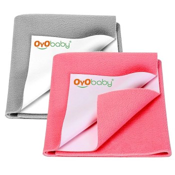 OYO BABY Extra Absorbent Waterproof Baby Dry Sheet Small Size (70x50cm) � Pack of 2 � Quick Dry Sheet for Bed Protector, Soft & Breathable Grey + Salmon Rose