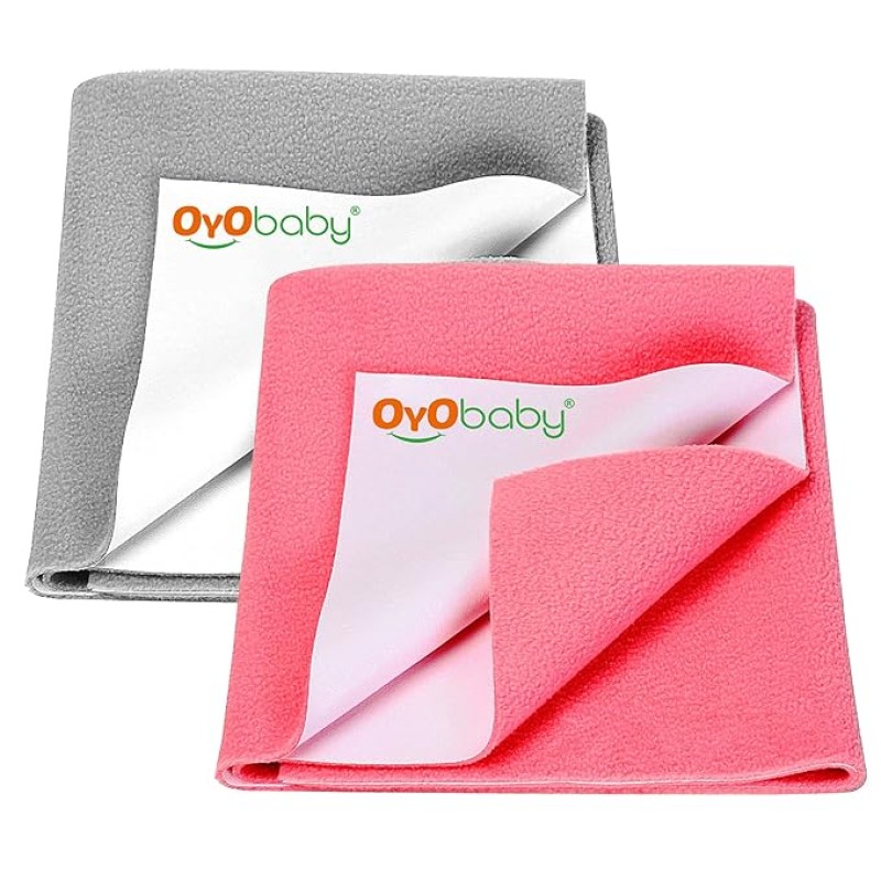 OYO BABY Extra Absorbent Waterproof Baby Dry Sheet Small Size (70x50cm) � Pack of 2 � Quick Dry Sheet for Bed Protector, Soft & Breathable Grey + Salmon Rose