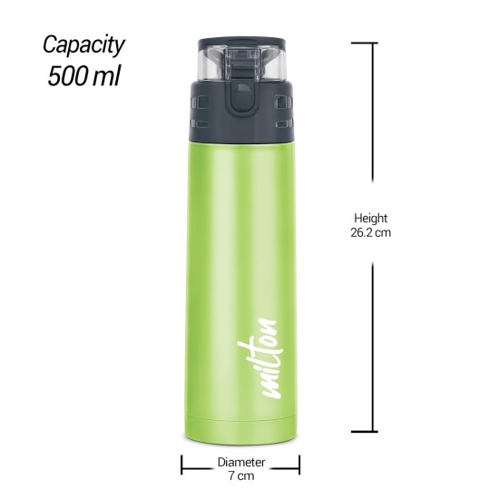 MILTON Atlantis 600 Thermosteel Insulated Bottle, 500 ml Water Bottles, 24 Hours Hot and Cold, Easy to Carry, Easy Grip, Rust Proof, Tea, Coffee, Office, Travel Bottle, Green