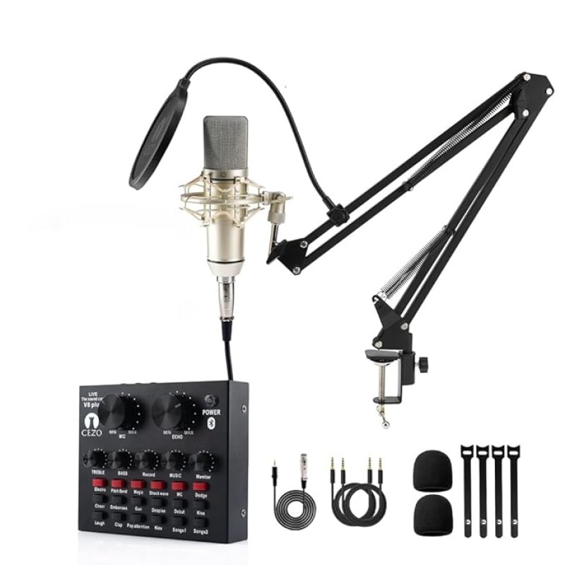 CEZO U87 Condenser Microphone Kit with V8 Sound Card Adjustable Scissor Arm Stand Shock Mount Computer Mic for Gaming, Streaming, YouTube, Voice Over, Studio, Home Recording () CEZO U87 Condenser Microphone Kit with V8 Sound Card Adjustable Scissor Arm Stand Shock Mount Computer Mic for Gaming, Streaming, YouTube, Voice Over, Studio, Home Recording ()