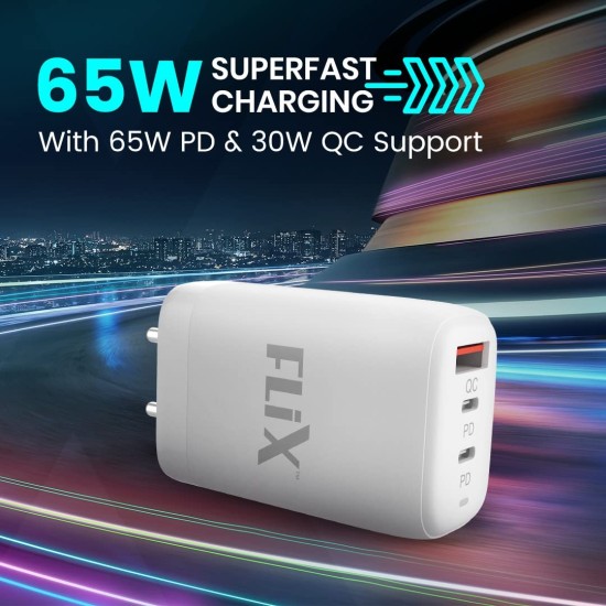 FLiX (Beetel) Storm 65W PD & QC GaN Tech Fast Charging Wall Charger for Mobile(Android/iOS), Laptop & MacBook, Triple Output (1Type A+2Type C),Wide Compatibility, with 65W Type C Cable(White - ST165)