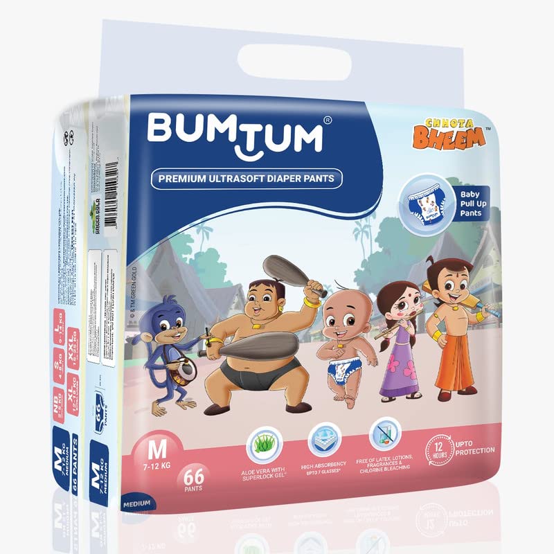Bumtum Chota Bheem Medium Baby Diaper Pants, Leakage Protection Infused With Aloe Vera, Cottony Soft High Absorb Technology (Pack of 1, 66 Pcs. per pack)