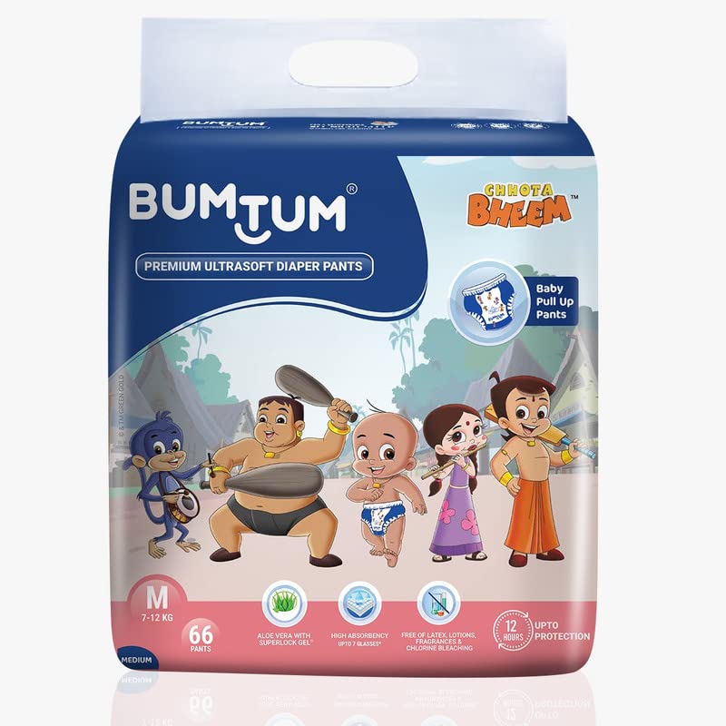 Bumtum Chota Bheem Medium Baby Diaper Pants, Leakage Protection Infused With Aloe Vera, Cottony Soft High Absorb Technology (Pack of 1, 66 Pcs. per pack)