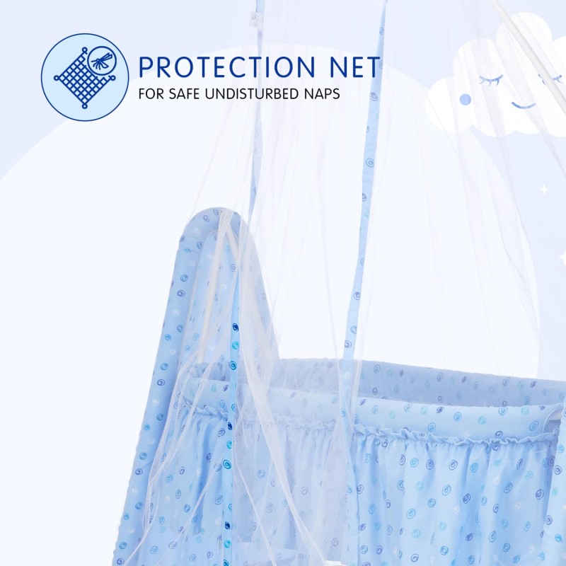 Supples Baby Cradle with Swing and Mosquito Net | Blue | for Babies up to 10 Months | Sturdy and Safe Design | 4 Wheels with Brakes | with Swing Lock and Storage