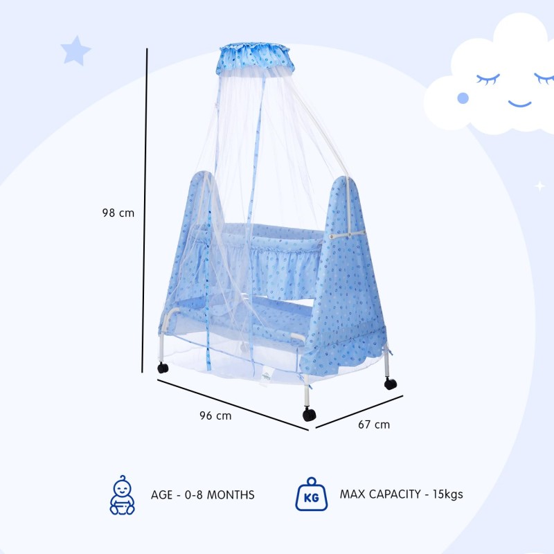 Supples Baby Cradle with Swing and Mosquito Net | Blue | for Babies up to 10 Months | Sturdy and Safe Design | 4 Wheels with Brakes | with Swing Lock and Storage