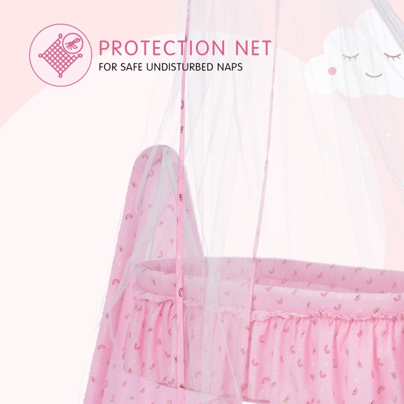 Supples Baby Cradle with Swing and Mosquito Net | Pink | for Babies up to 10 Months | Sturdy and Safe Design | 4 Wheels with Brakes | with Swing Lock and Storage