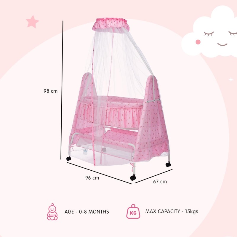 Supples Baby Cradle with Swing and Mosquito Net | Pink | for Babies up to 10 Months | Sturdy and Safe Design | 4 Wheels with Brakes | with Swing Lock and Storage