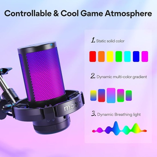 Maono RGB Condenser Mic with Noise Cancellation, USB Gaming Podcast Microphone with Adjustable RGB Lights, 1-Click Mute, Mic Gain, 0-Lantency Monitoring for YouTube Video Recording, PC (DGM20S-Black)
