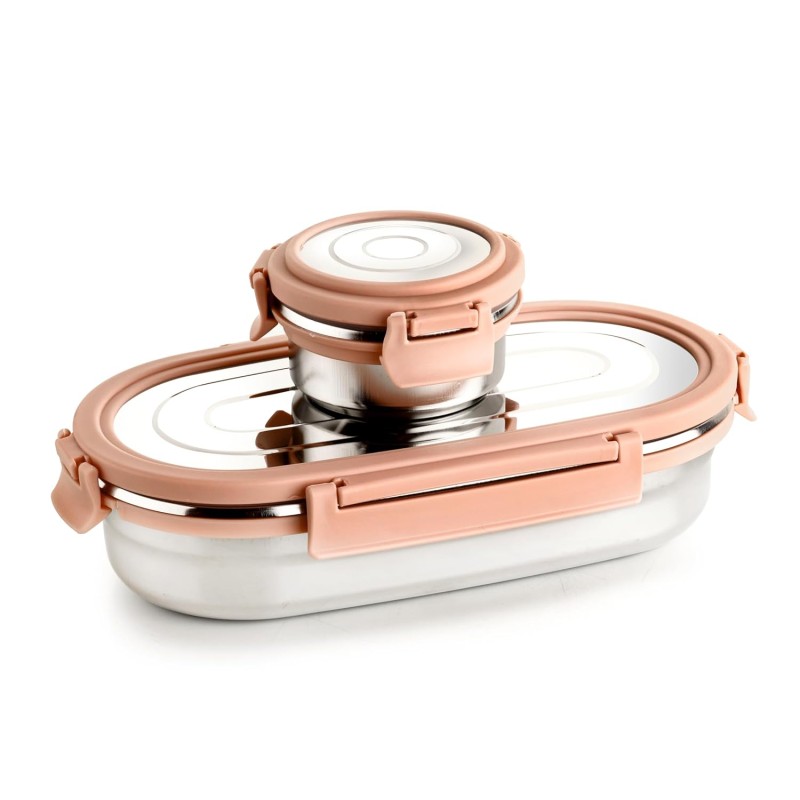 Ganesh Oval Lunch Box Steel with 4 Side Lock Lid, 650 ml and Inner Stainless Steel Container, 100 ml Easy to Carry (Mulitcolor) Ganesh Oval Lunch Box Steel with 4 Side Lock Lid, 650 ml and Inner Stainless Steel Container, 100 ml Easy to Carry (Mulitcolor)