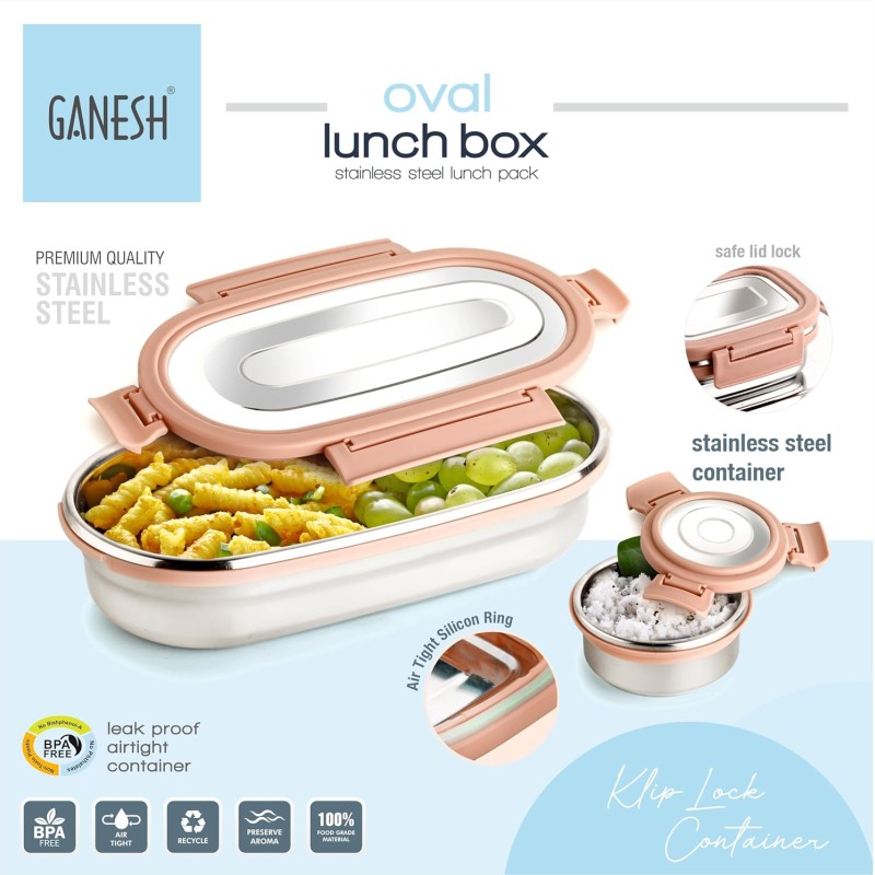 Ganesh Oval Lunch Box Steel with 4 Side Lock Lid, 650 ml and Inner Stainless Steel Container, 100 ml Easy to Carry (Mulitcolor) Ganesh Oval Lunch Box Steel with 4 Side Lock Lid, 650 ml and Inner Stainless Steel Container, 100 ml Easy to Carry (Mulitcolor)