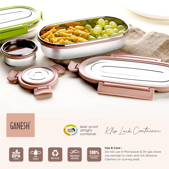 Ganesh Oval Lunch Box Steel with 4 Side Lock Lid, 650 ml and Inner Stainless Steel Container, 100 ml Easy to Carry (Mulitcolor)