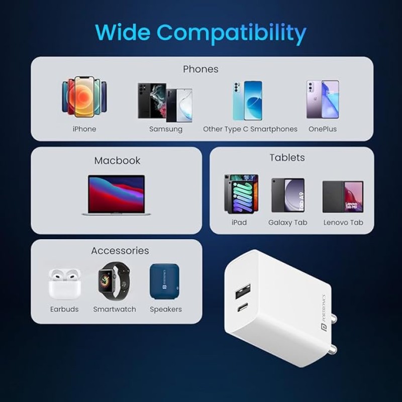 Portronics Adapto 70 33W Fast Charger Adapter with Dual Output (USB + Type C) Supports PPS Charging Via Type C Port, 27W Dash, Warp 27W, Dart, Super Dart 27W(White) Portronics Adapto 70 33W Fast Charger Adapter with Dual Output (USB + Type C) Supports PPS Charging Via Type C Port, 27W Dash, Warp 27W, Dart, Super Dart 27W(White)