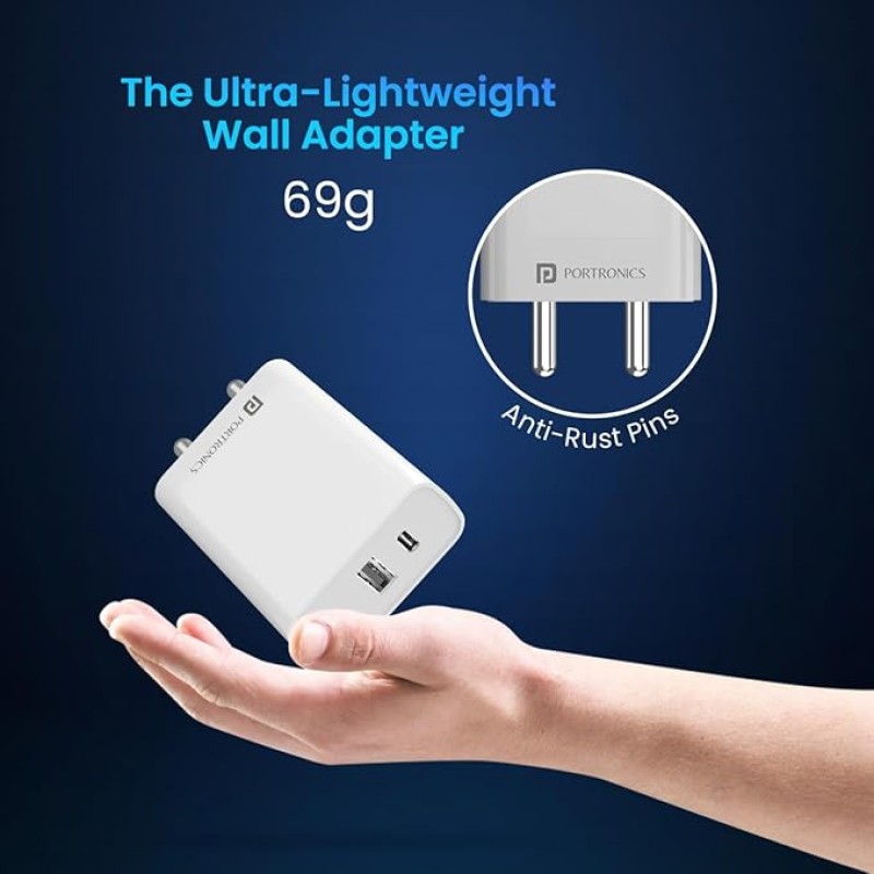 Portronics Adapto 70 33W Fast Charger Adapter with Dual Output (USB + Type C) Supports PPS Charging Via Type C Port, 27W Dash, Warp 27W, Dart, Super Dart 27W(White) Portronics Adapto 70 33W Fast Charger Adapter with Dual Output (USB + Type C) Supports PPS Charging Via Type C Port, 27W Dash, Warp 27W, Dart, Super Dart 27W(White)